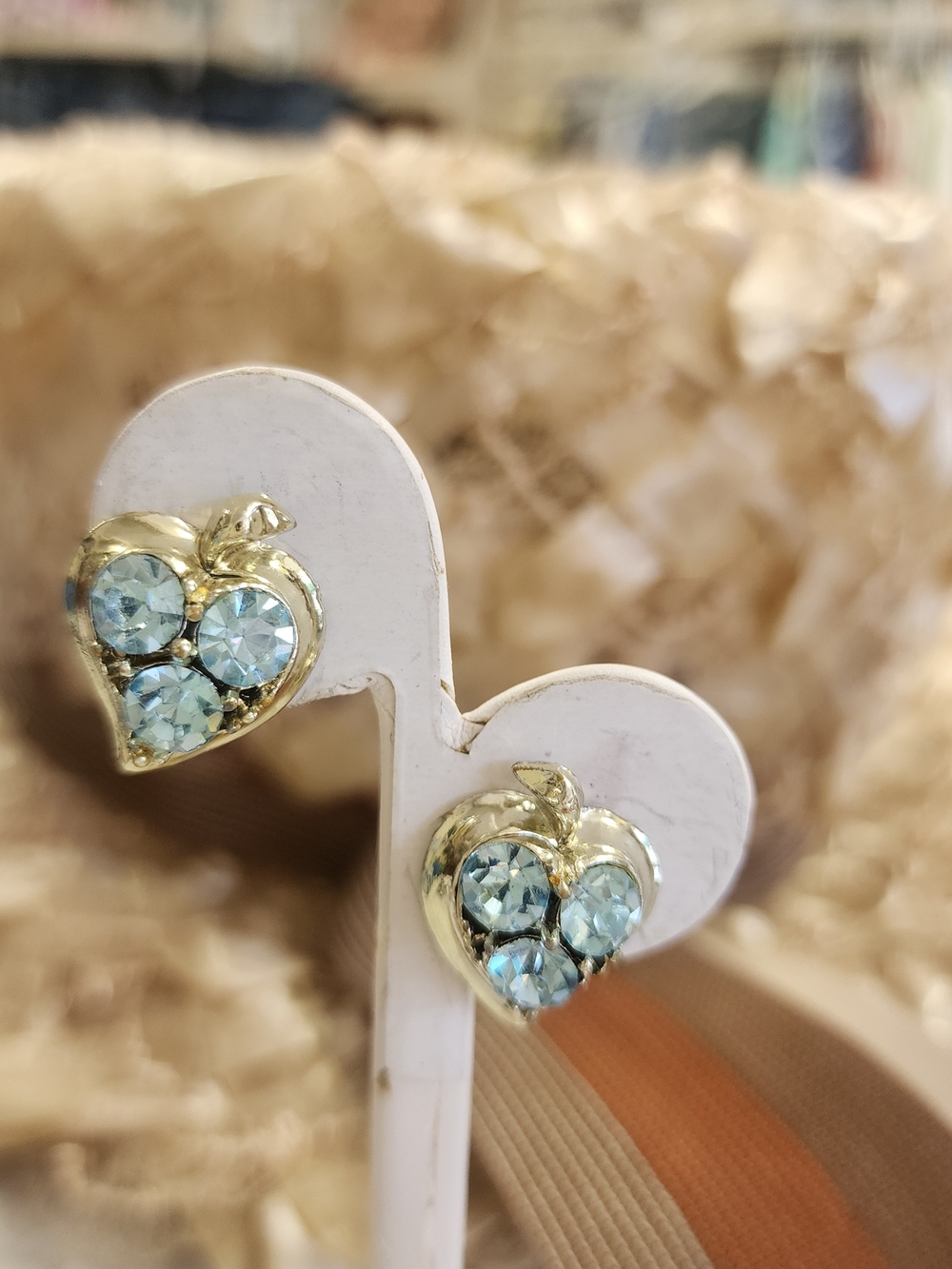 Vintage Gold Heart Cluster Screw Back Earrings with Light Blue Crystals